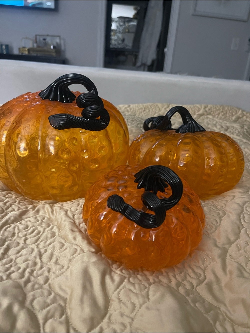 Glass Pumpkin Trio in Orange with Black Stems - Home Accents